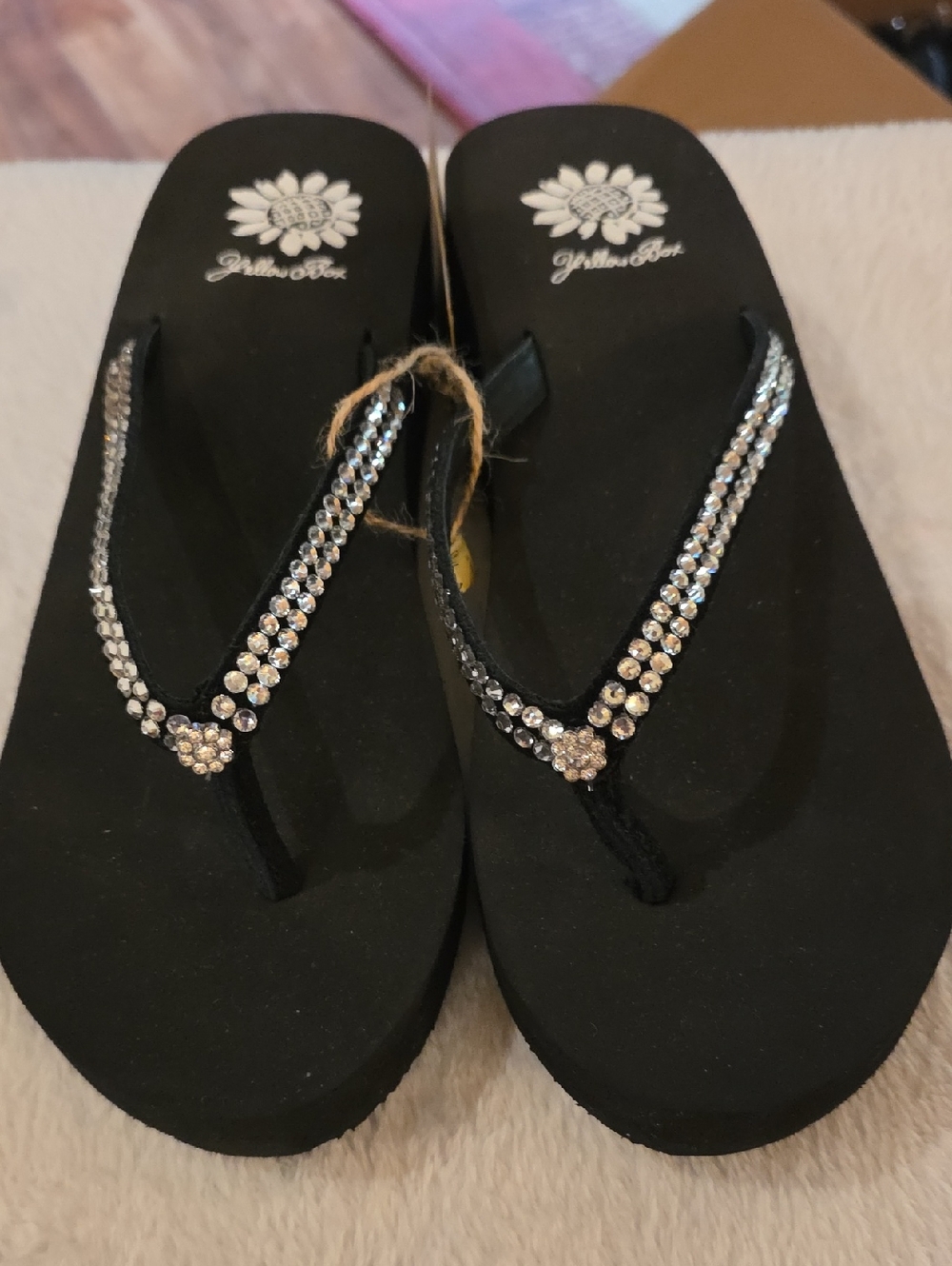 Yellow Box Black Rhinestone Thong Sandals